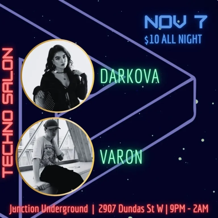 Dark flyer for TechnoSalonTO with portraits for Darkova and Varon