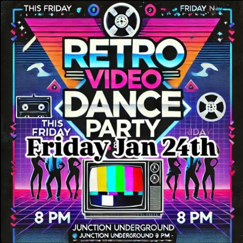 Neon AI Flyer for retro video dance party on Jan 24