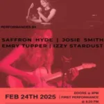 Red-tinted graphic with singers with guitars